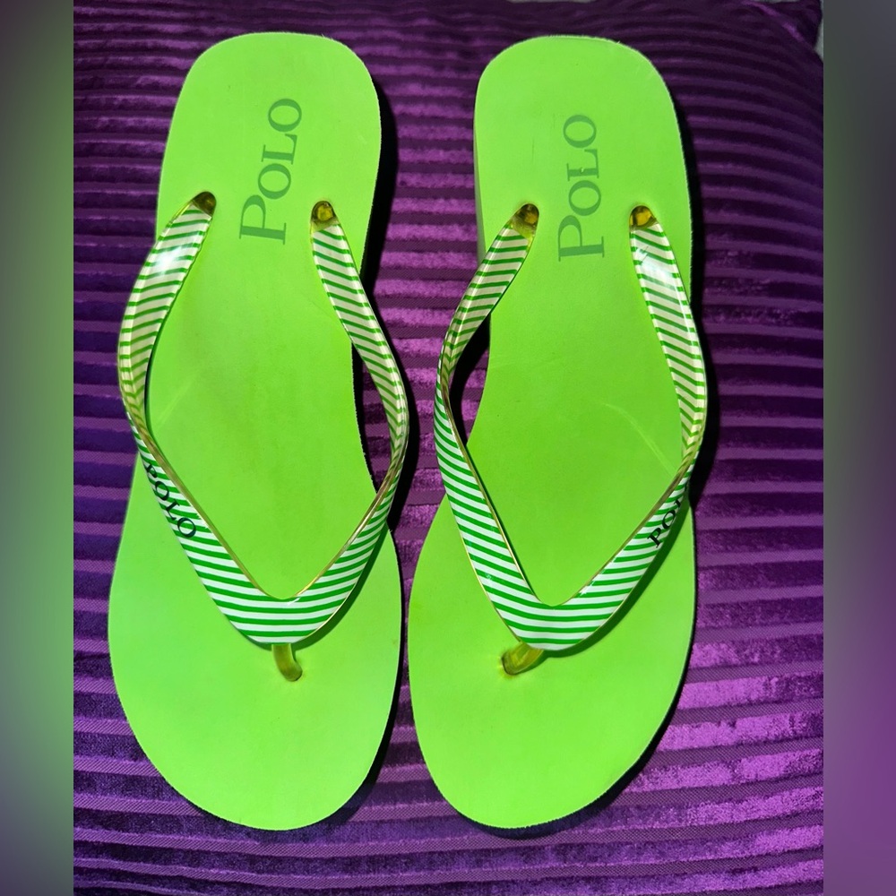 Y2K Lime Green Polo Wedge Sandals - Picture 2 of 11